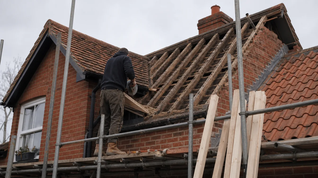 Builder cutting roof timbers for a dormer loft conversion on a detached red brick house in Bury St Edmunds