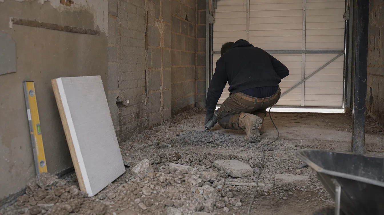 Builder breaking out the floor slab of an integral garage during a garage conversion in Bury St Edmunds