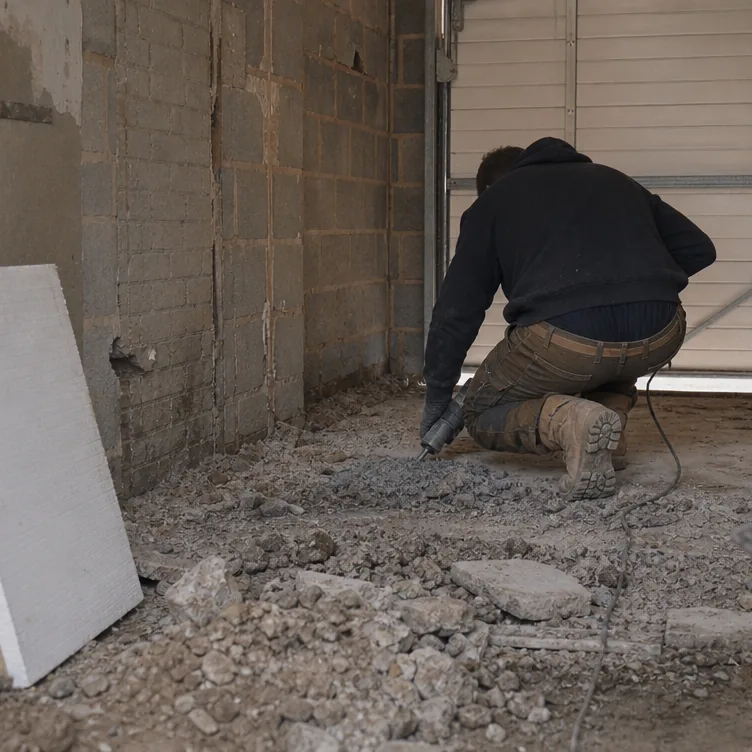 Builder breaking out the floor slab of an integral garage during a garage conversion in Bury St Edmunds