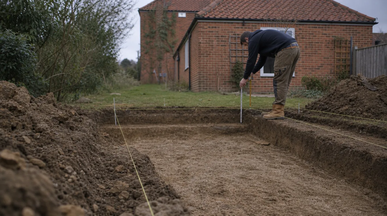 Builder checking levels over the foundation trench for a garden room at the end of a Bury St Edmunds garden