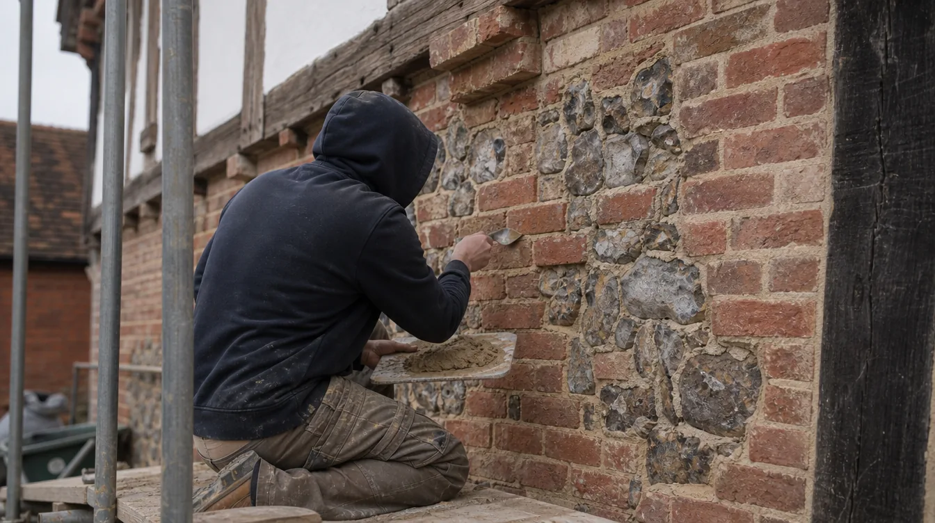 Builder repointing a brick and flint period wall with lime mortar during listed building work in Suffolk