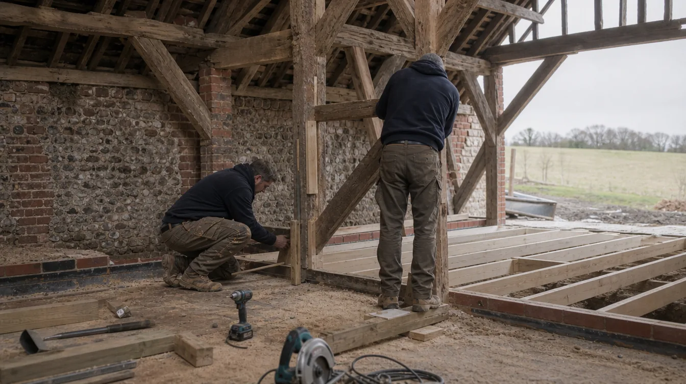 Builders repairing and bracing the exposed oak frame of a Suffolk barn conversion, new floor joists going in