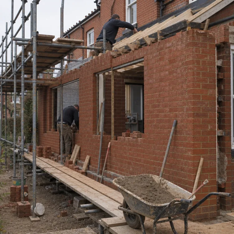 Builders raising brickwork on a rear extension to a detached Victorian villa in Bury St Edmunds