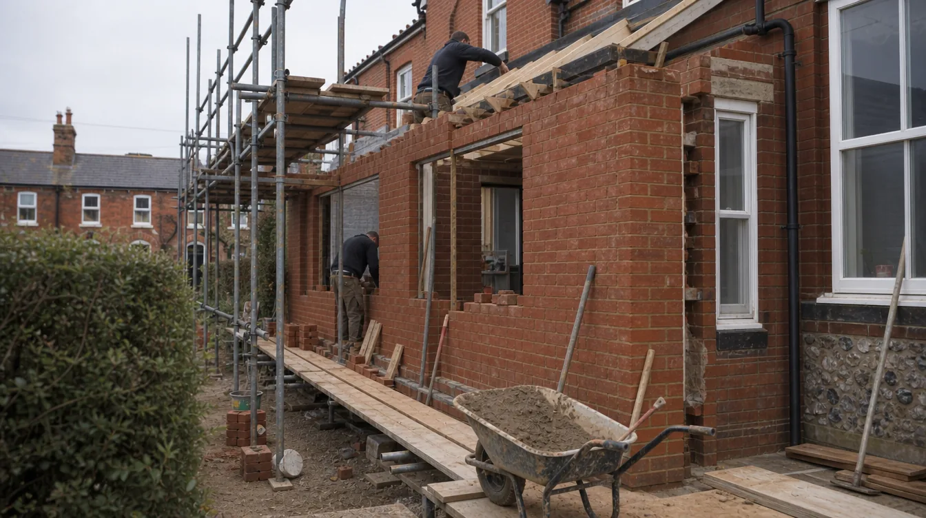 Builders raising brickwork on a rear extension to a detached Victorian villa in Bury St Edmunds