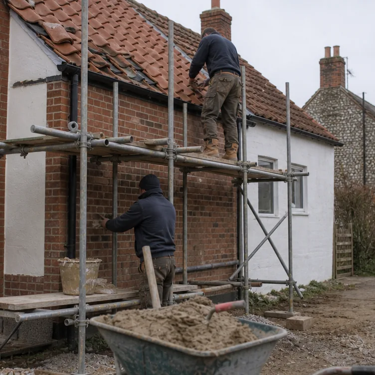 Builders repointing brickwork and refitting pantiles on a detached village house near Mildenhall