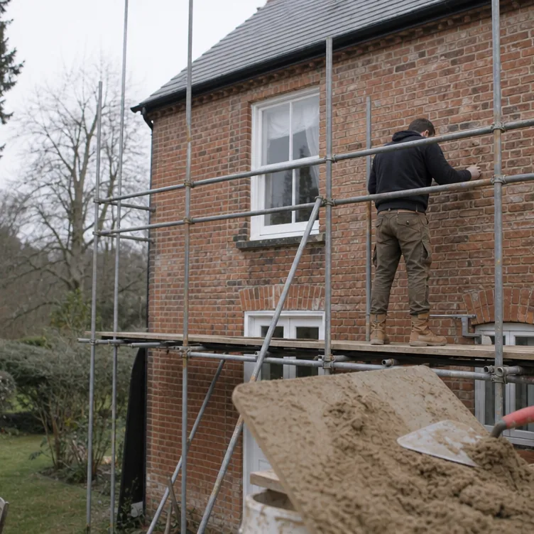 Builder repointing the rear elevation of a detached period house in Newmarket from a scaffold tower