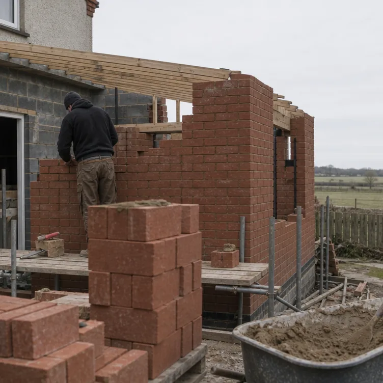 Builder laying red brick for a single storey rear extension on a detached house in Soham, fen fields beyond