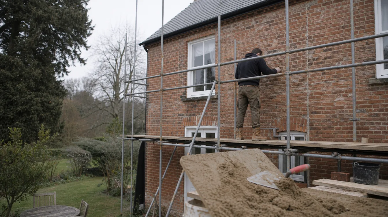 Builder repointing the rear elevation of a detached period house in Newmarket from a scaffold tower