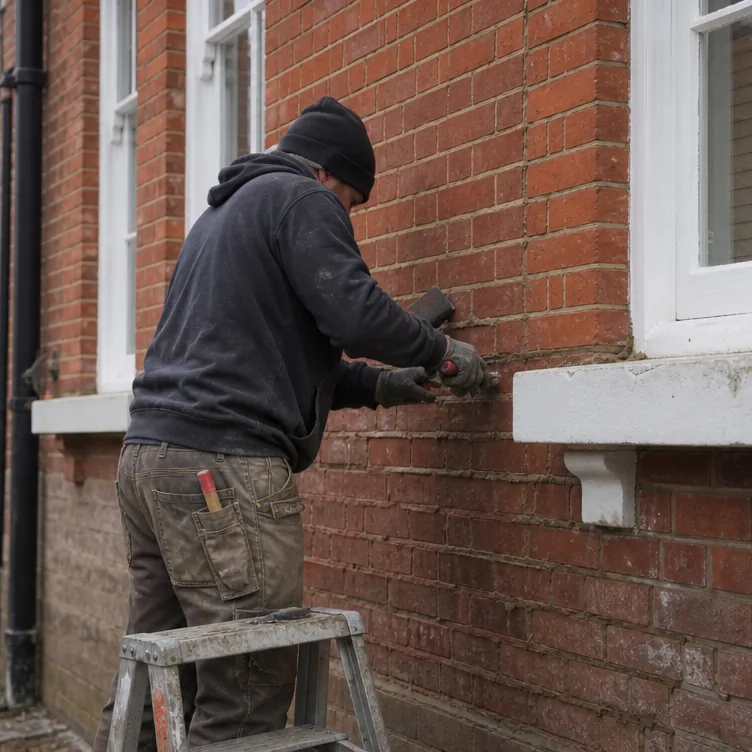 Builder repointing the front brickwork of a detached Victorian house on a historic Ely street