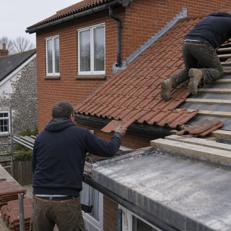 Builders re-tiling the rear roof slope of a detached house in Thetford with new battens and pantiles