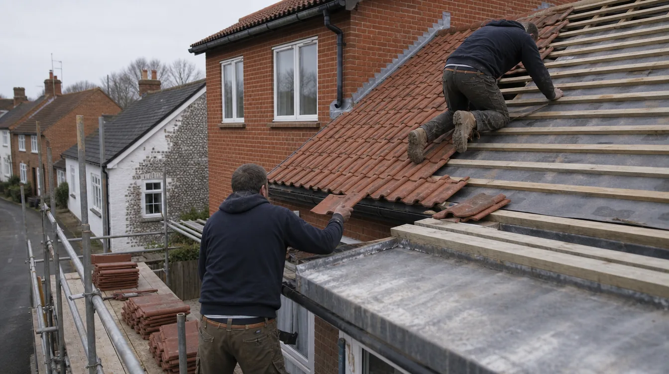 Builders re-tiling the rear roof slope of a detached house in Thetford with new battens and pantiles
