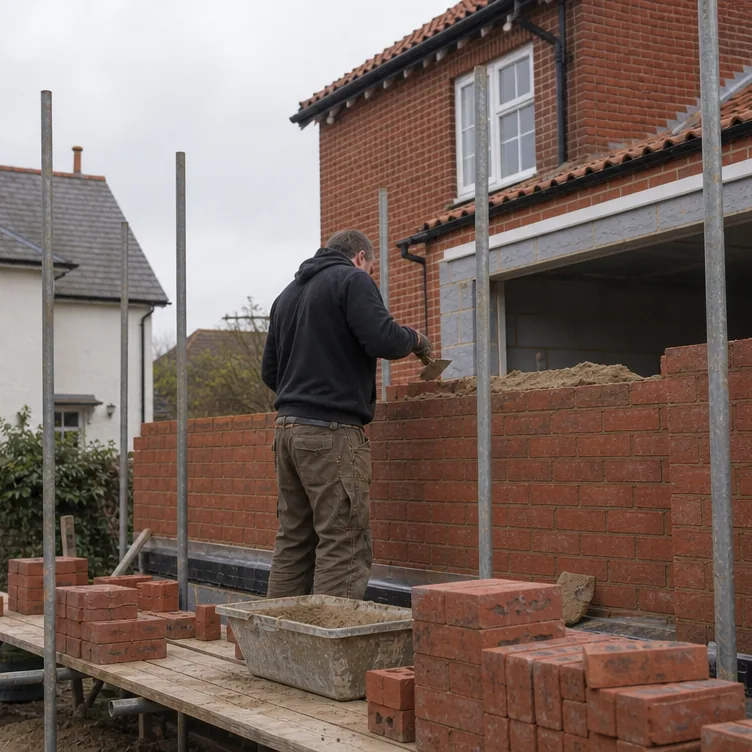 Builder pointing new brickwork on a rear extension near St Nicholas' Church in Dereham