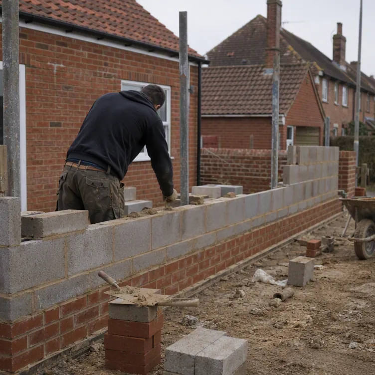 Builder laying blockwork for a single storey rear extension on a detached house in Haverhill