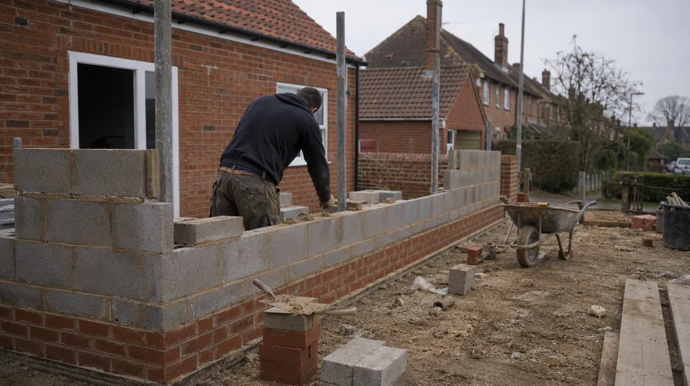 Builder laying blockwork for a single storey rear extension on a detached house in Haverhill