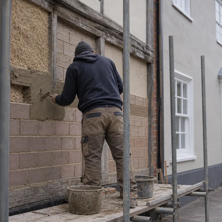Builder working lime render onto a timber framed building in Sudbury, Georgian frontage beyond