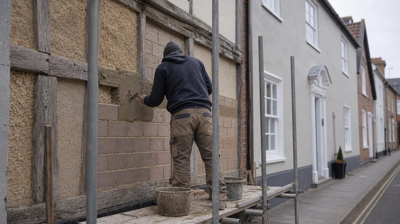 Builder working lime render onto a timber framed building in Sudbury, Georgian frontage beyond