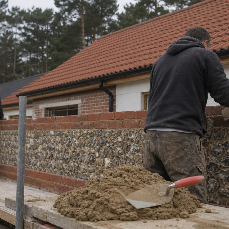 Builders laying knapped flint and red brick on an extension wall in Brandon, forest tree line behind