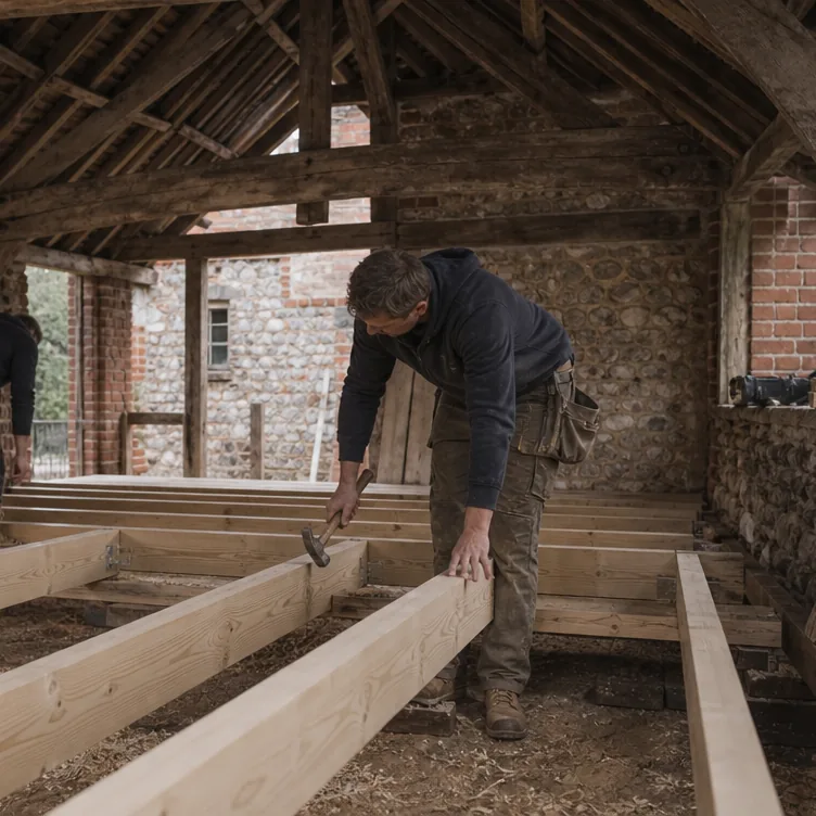 Carpenter and labourer fitting new floor joists inside a timber framed barn conversion near Diss