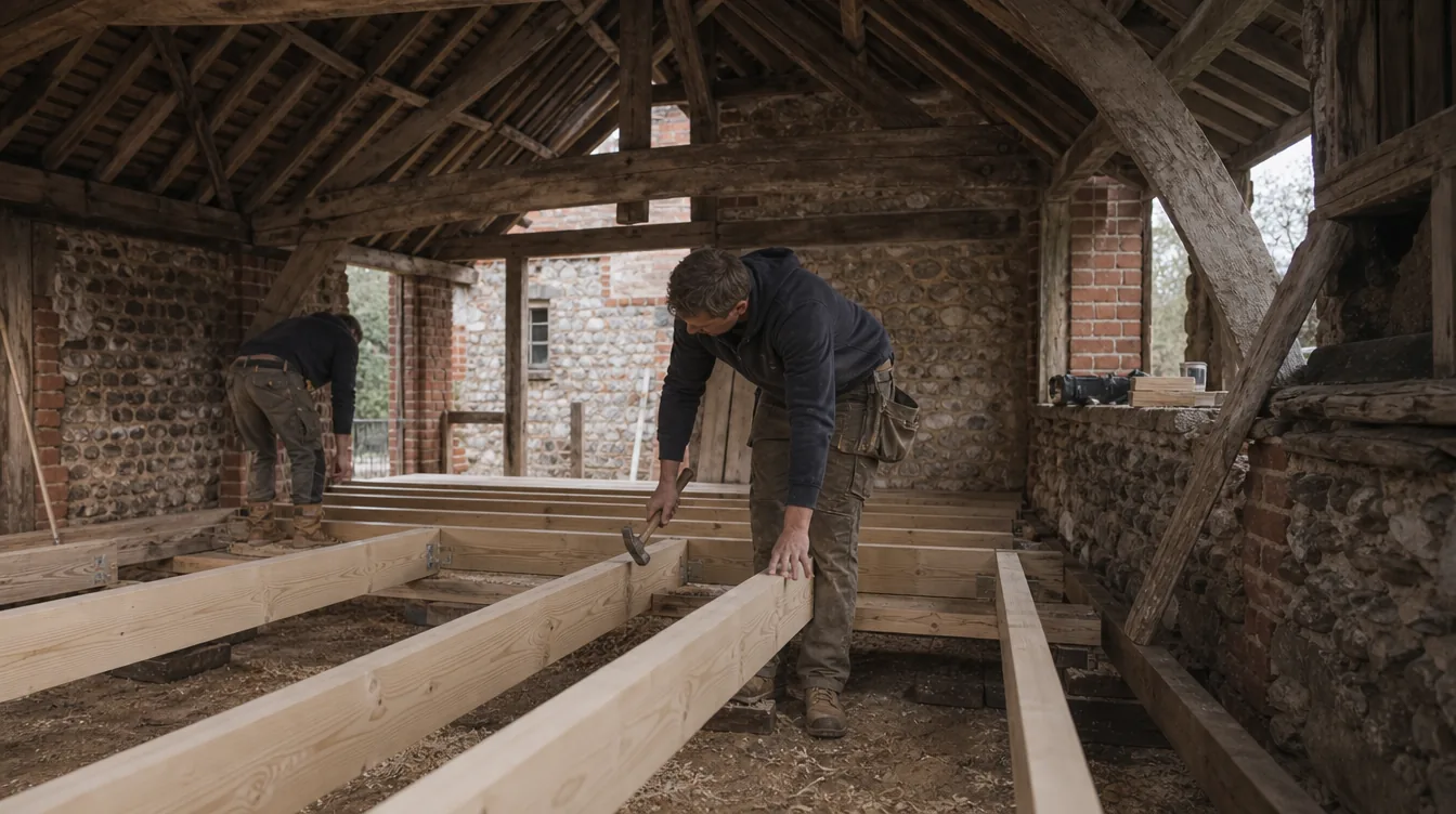 Carpenter and labourer fitting new floor joists inside a timber framed barn conversion near Diss