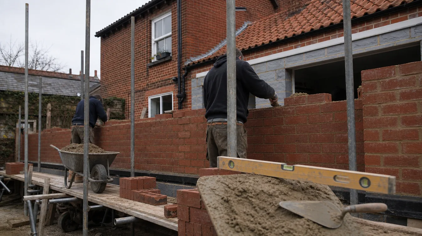 Builders laying brickwork on a single storey rear extension to a detached 1930s house in Bury St Edmunds