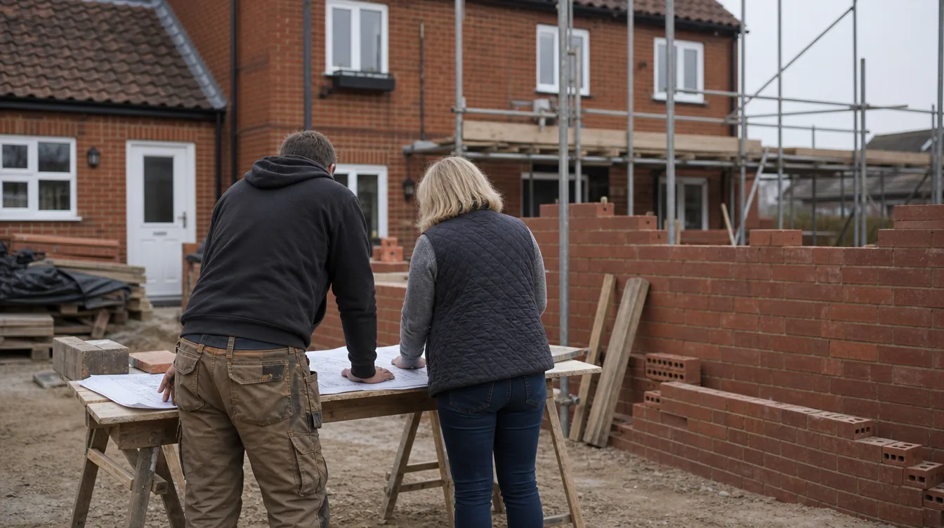 Builder and homeowner reviewing drawings together on site outside a detached red brick Suffolk house