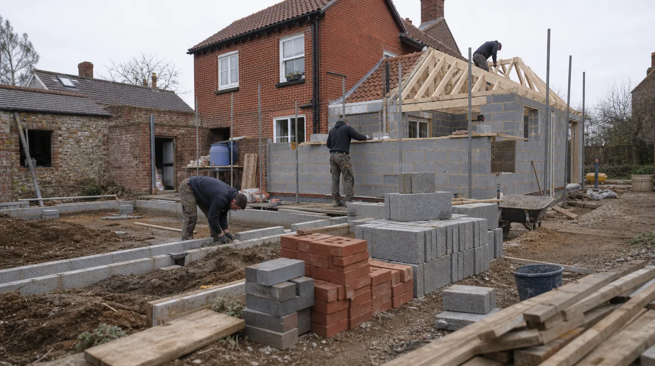 Wide view of a detached house extension in Suffolk at three stages, from foundations to roof timbers