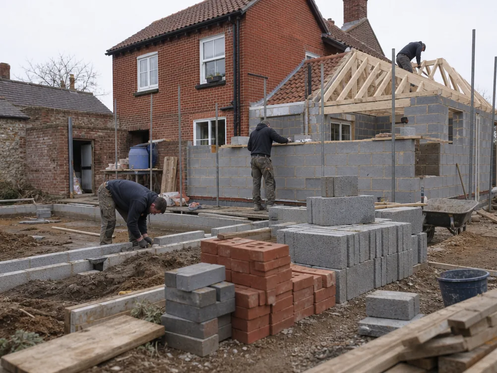 Wide view of a detached house extension in Suffolk at three stages, from foundations to roof timbers