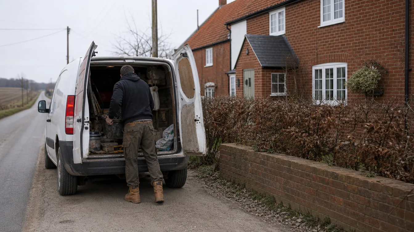 Builder loading tools into a van outside a red brick house at the start of a working day in rural Suffolk