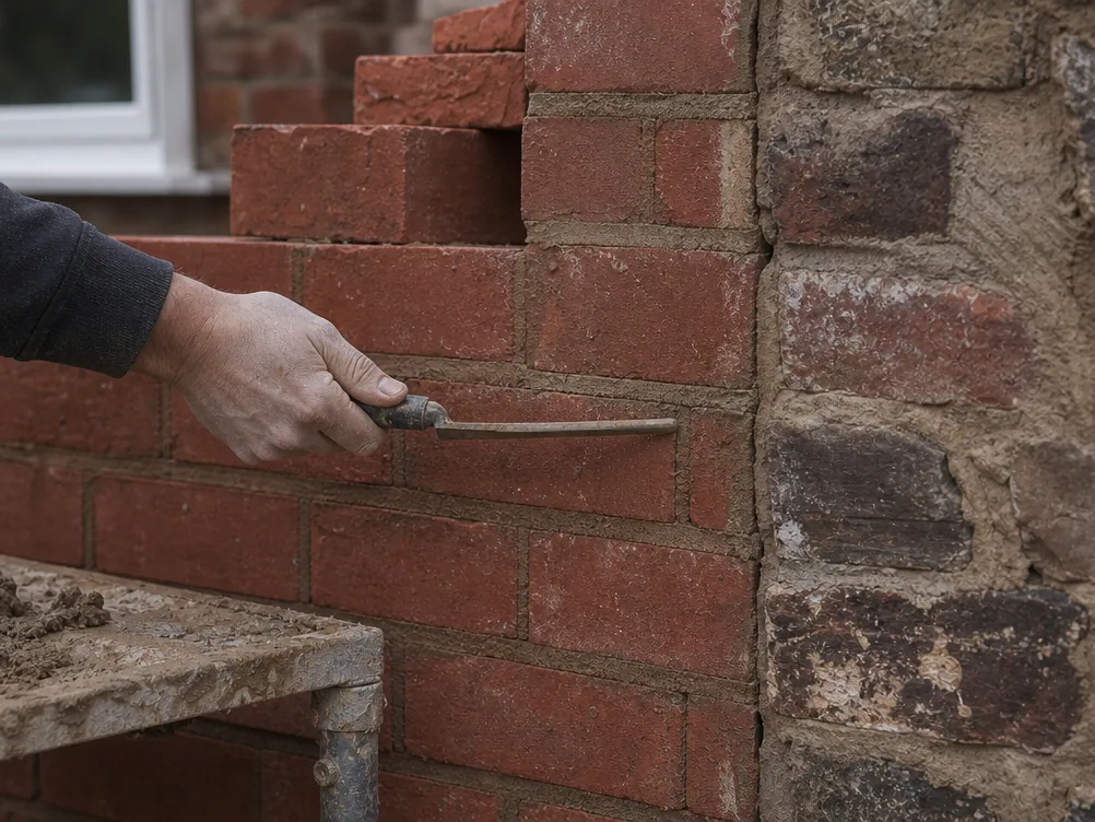 New red brickwork toothed into original weathered brick on an extension, mortar joint being struck