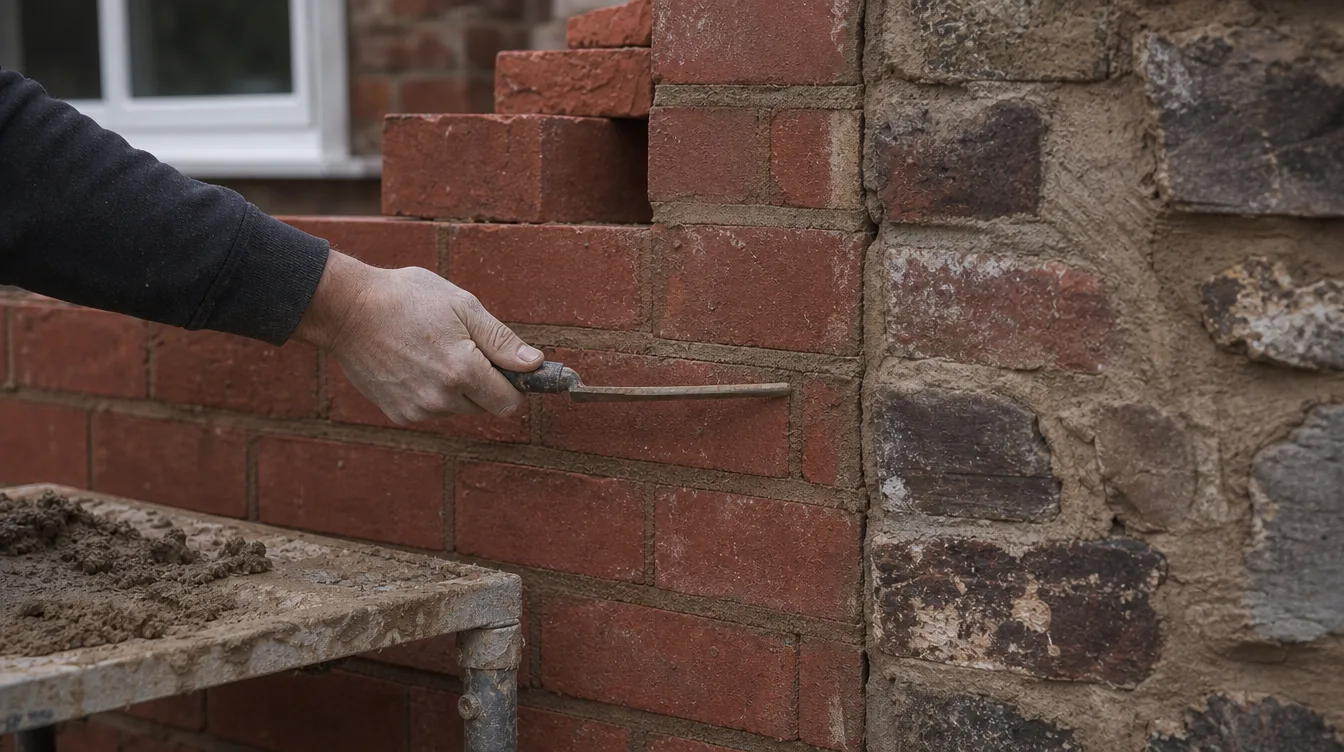 New red brickwork toothed into original weathered brick on an extension, mortar joint being struck