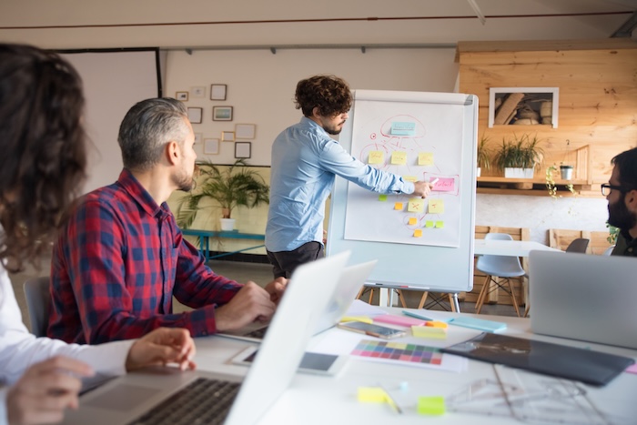 Development team planning a sprint with sticky notes on a flip chart