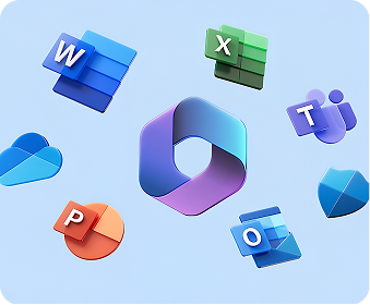 Icons of Microsoft 365 apps: Word, Excel, PowerPoint, Teams, OneDrive and Outlook