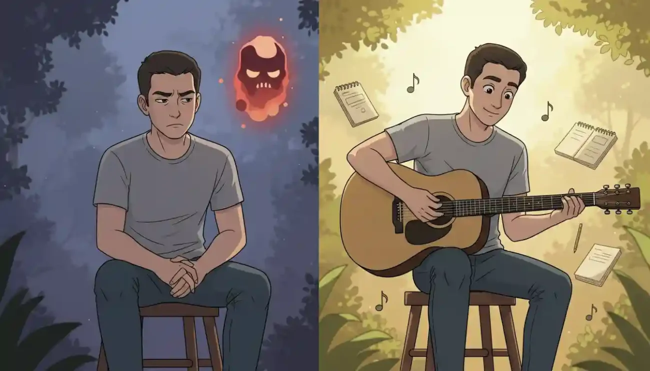 A split illustration showing a man transitioning from anxiety to engagement. On the left, he sits looking worried, with a glowing, menacing skull-like figure floating above him in a dark setting. On the right, the same man is happily playing a guitar amidst musical notes and open notebooks in a bright, lush forest.