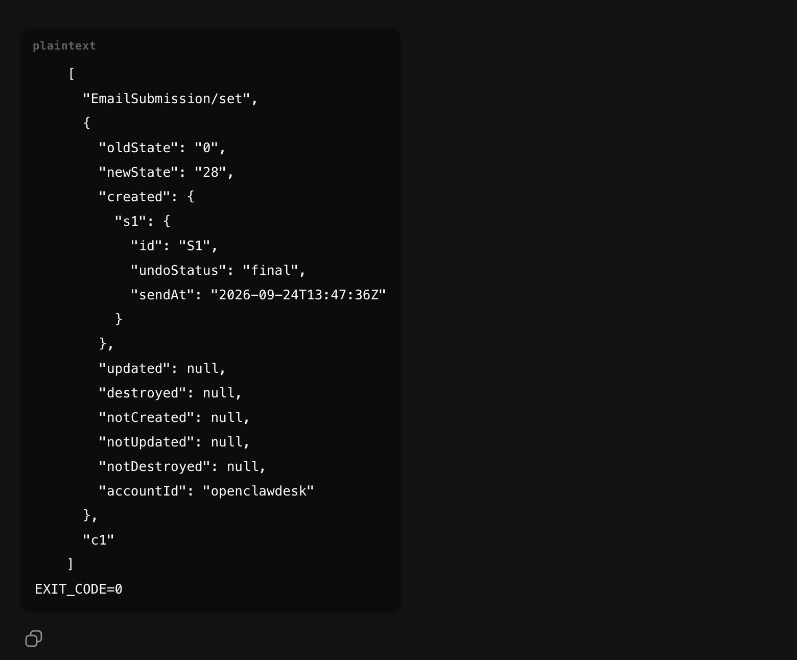 Output of the Atomic Mail send preset in OpenClaw, with EmailSubmission/set returning undoStatus final