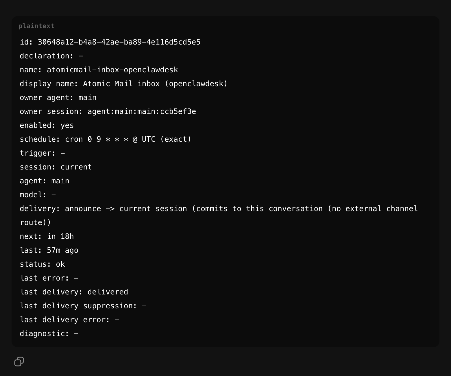 OpenClaw Cron Jobs view with the Atomic Mail inbox check scheduled daily at 09:00 UTC