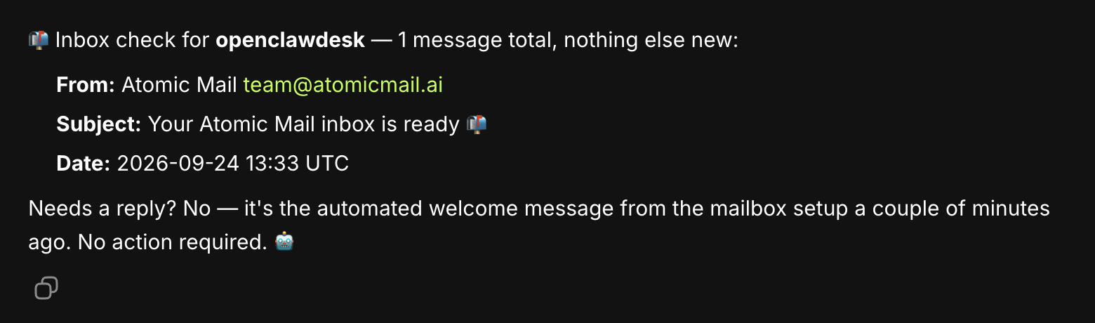 First run of the Atomic Mail inbox check posted back into the OpenClaw chat