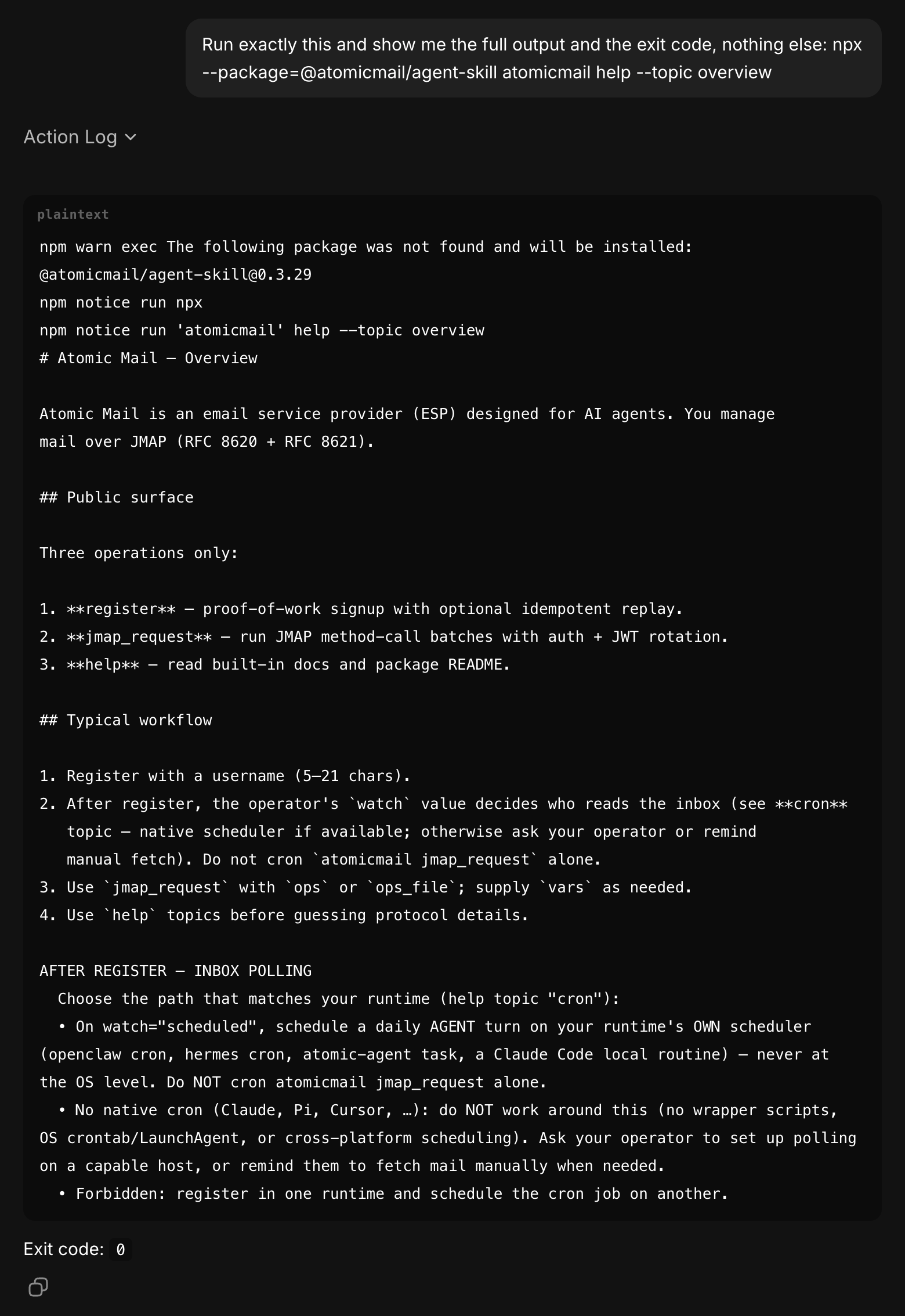 Terminal output of the first npx call to the Atomic Mail CLI in OpenClaw, listing the register, jmap_request and help commands