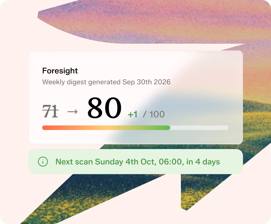 Summary card showing Foresight weekly digest generated August 7th, 2026, with a score improvement from 71 to 80 out of 100 and a progress bar mostly filled in green; below is a notification stating the next scan is on Monday, July 31 at 06:00, in 4 days.