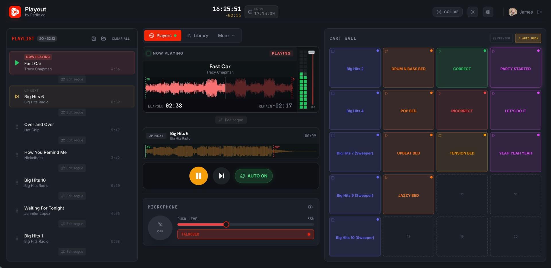 Radio.co Headphone studio dashboard showing playlist, now playing 'Fast Car' by Tracy Chapman, and cart wall.