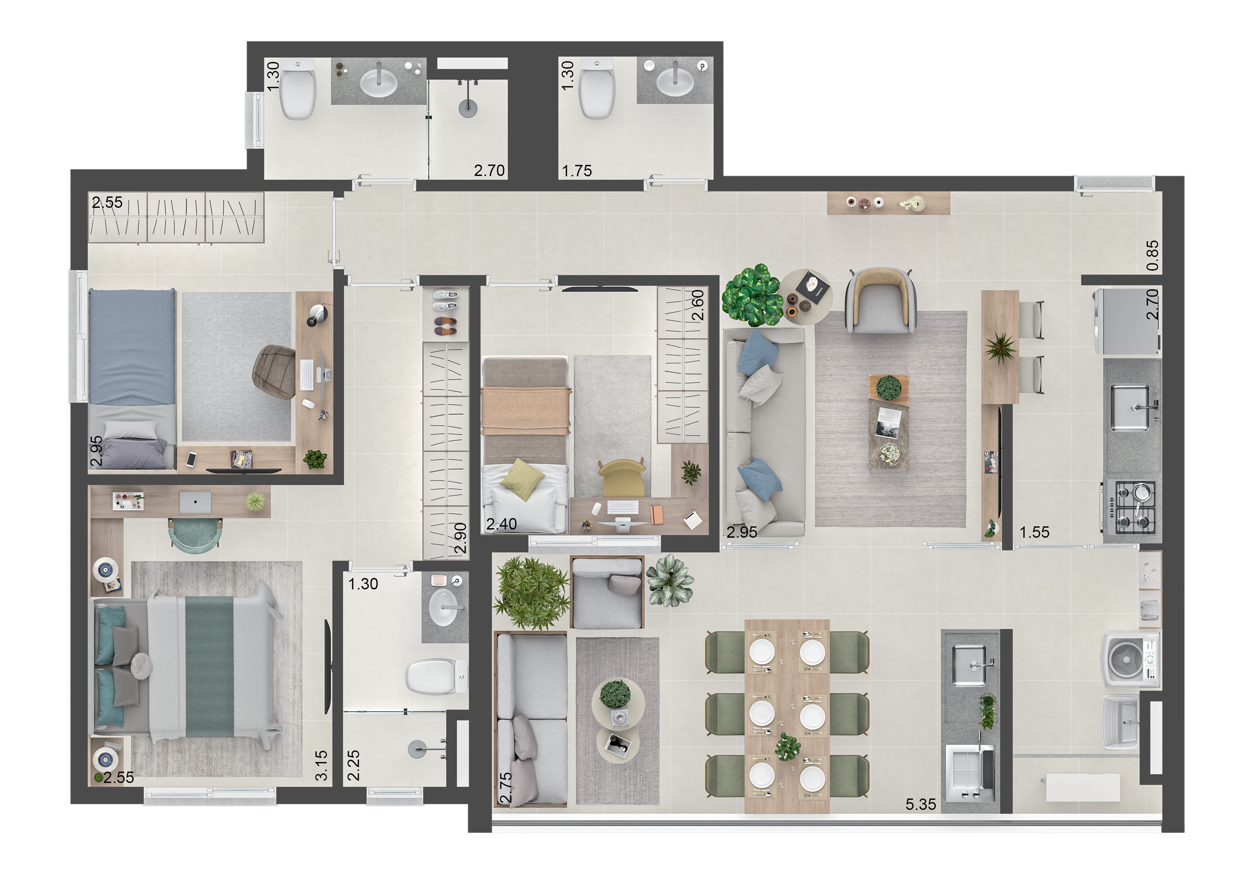 Planta tipo de 83m², finais 3 e 4, com opção de 1 ou 2 suítes, Cavour 439
