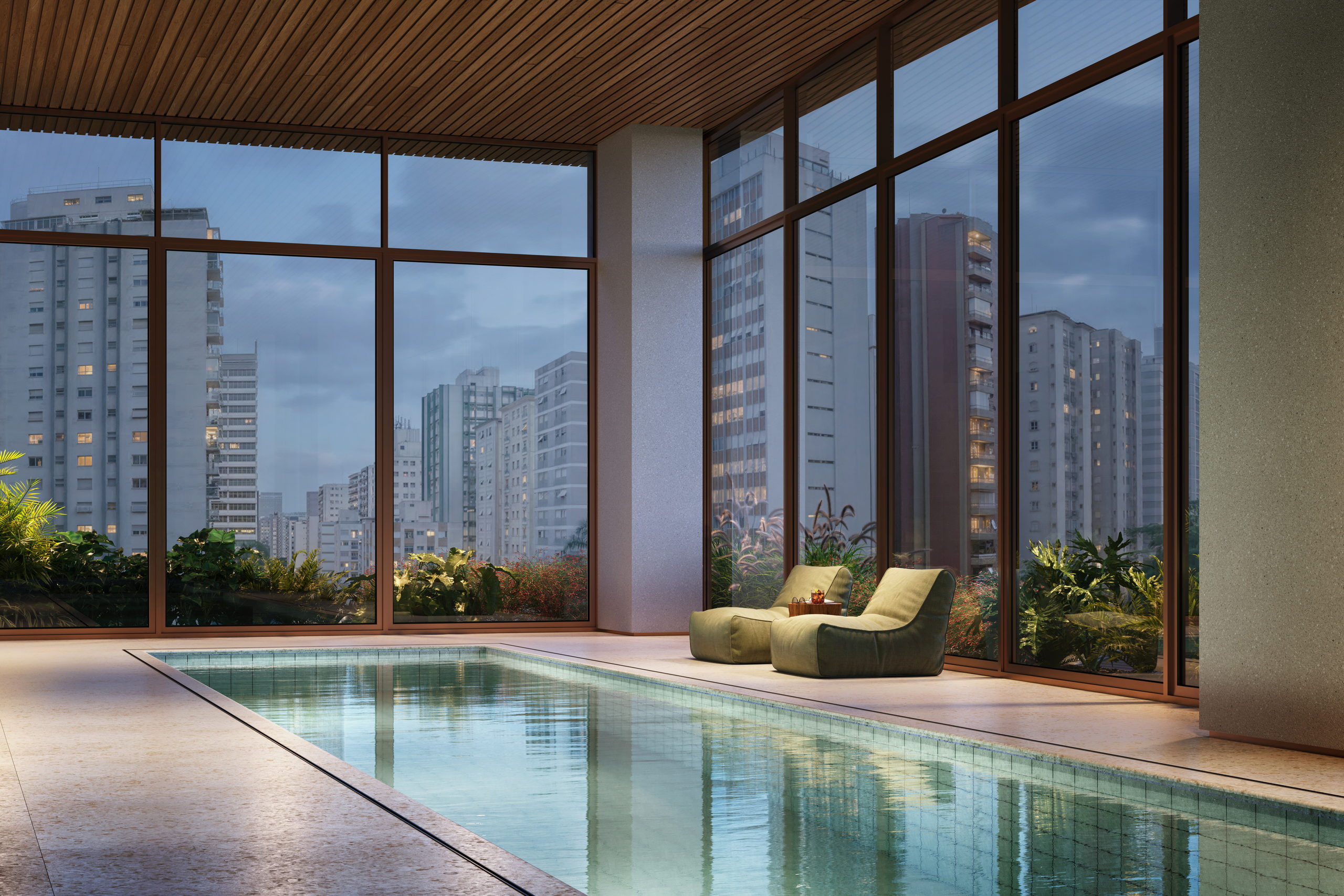 Piscina coberta com raia de 25 metros do Renato 410, empreendimento com participação da Cordoba no Itaim Bibi, São Paulo
