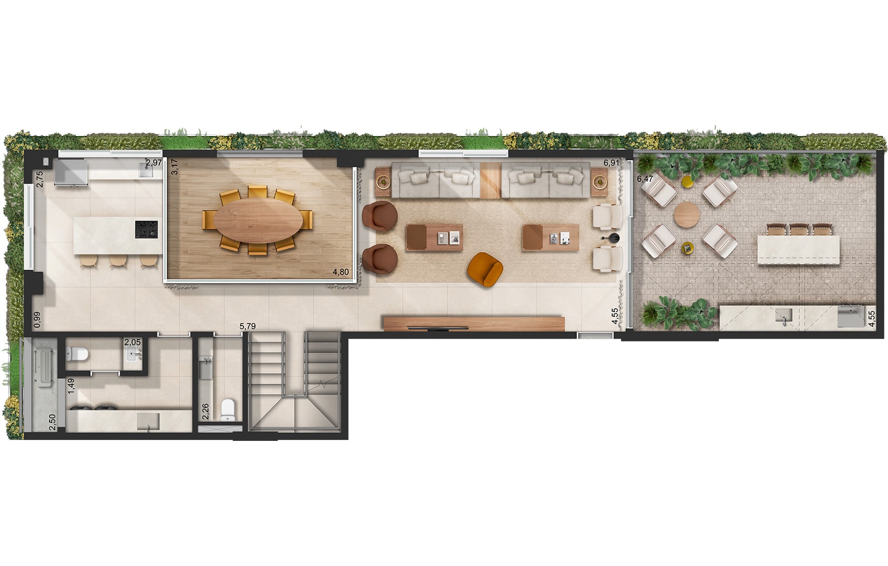 Planta do piso inferior da cobertura duplex de 234 a 246 m² do Janô, empreendimento com participação da Cordoba no Itaim Bibi