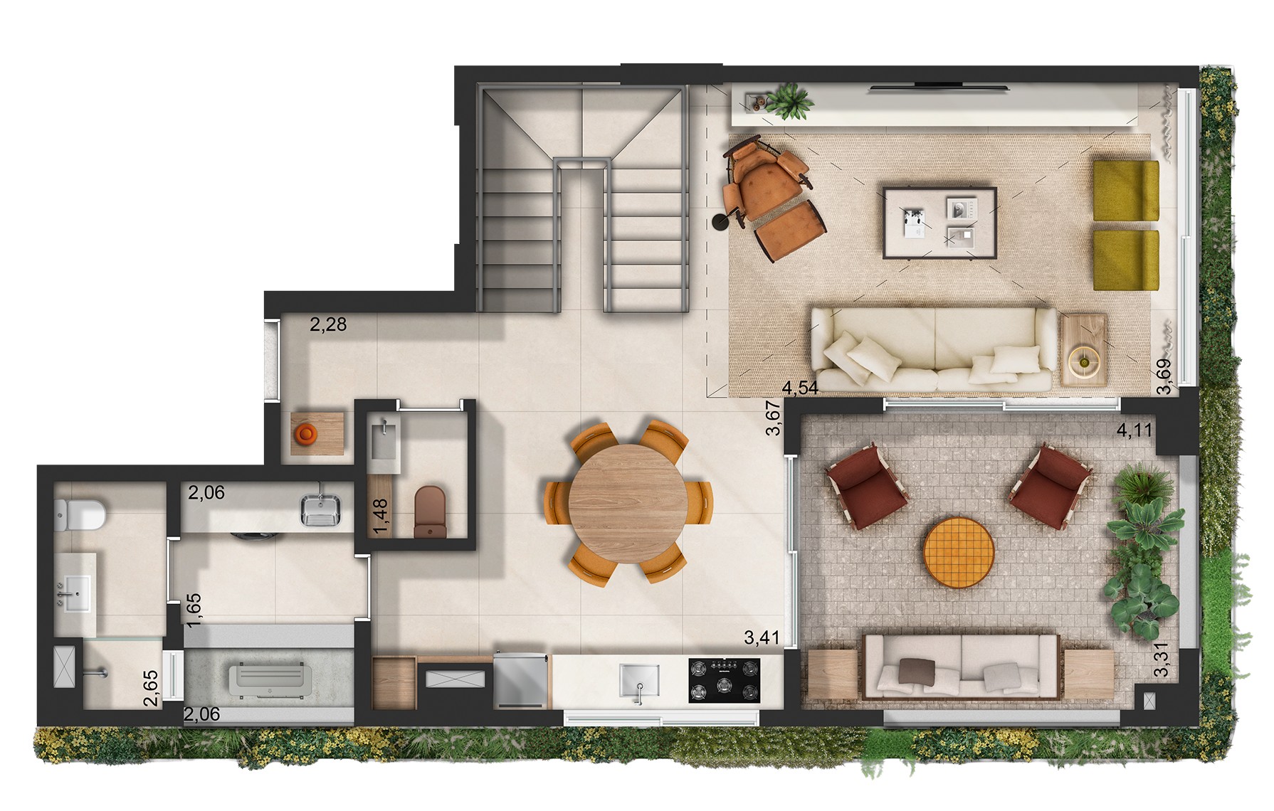 Planta do piso inferior do apartamento duplex padrão de 185 m² do Janô, empreendimento com participação da Cordoba no Itaim Bibi