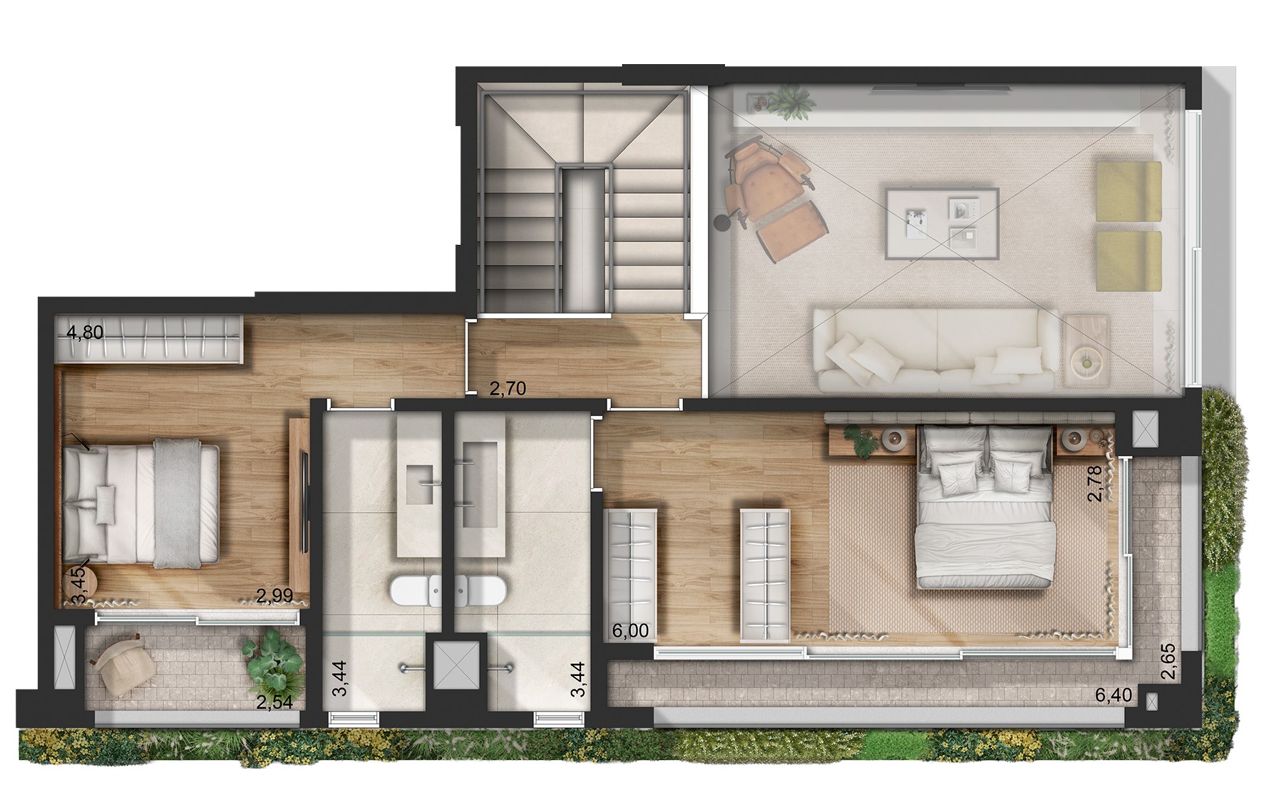 Planta do piso superior do apartamento duplex padrão de 185 m² do Janô, empreendimento com participação da Cordoba no Itaim Bibi