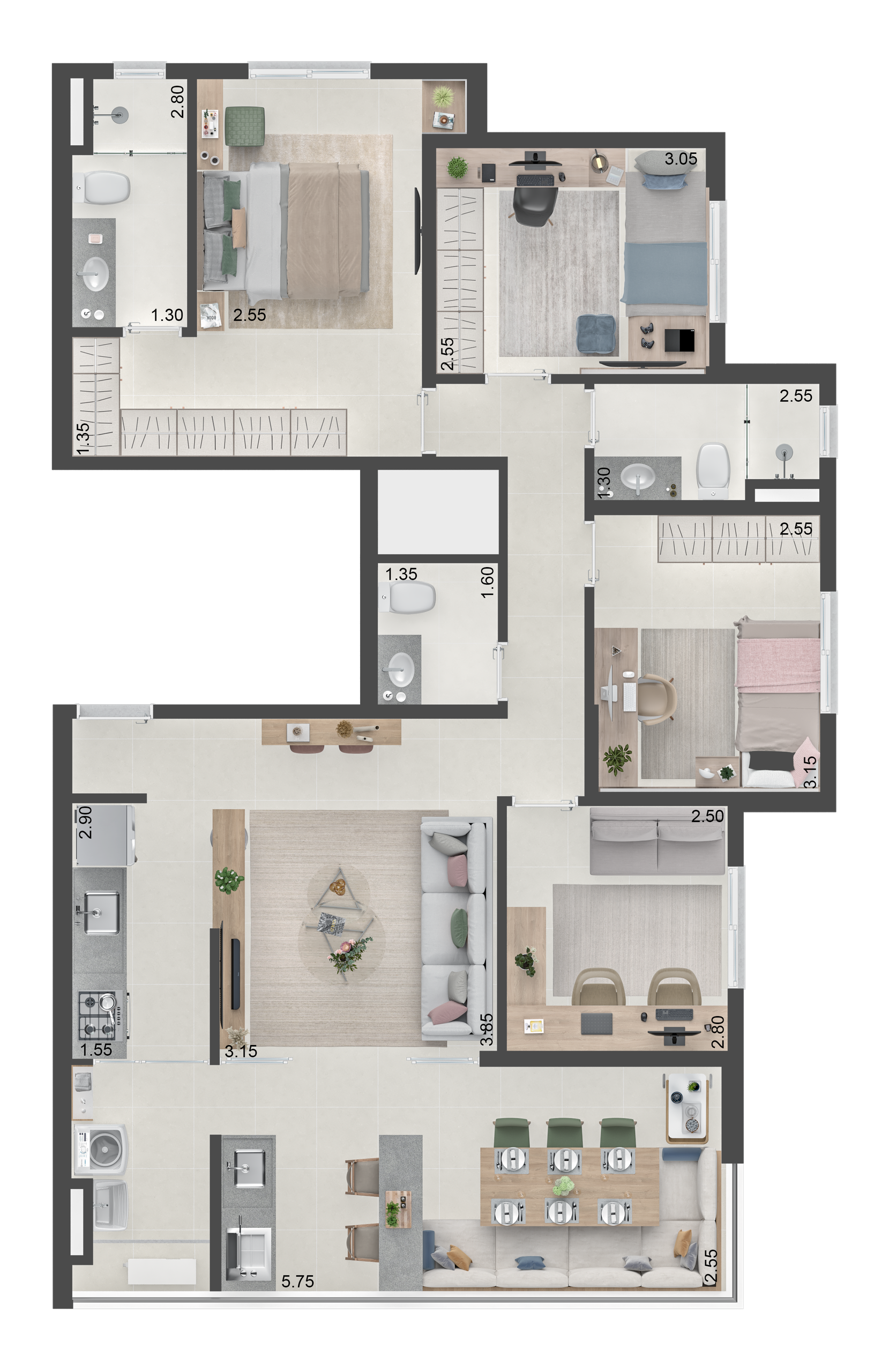 Planta de 101 m² com 4 dormitórios e 1 suíte, final 1, do Cavour 439, empreendimento da Cordoba