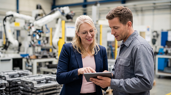 Heidi showing a client something on a tablet