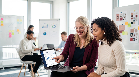 Heidi showing a client something on a laptop
