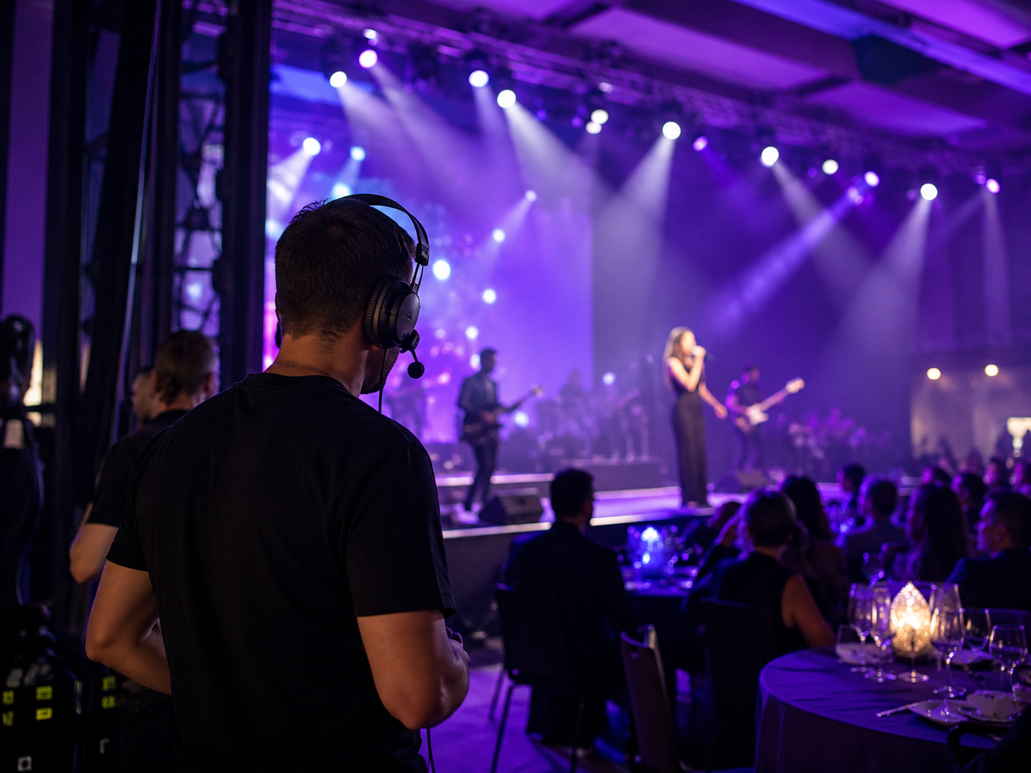 Man wearing headset watches a live band perform on stage at a dimly lit event with seated audience. EVENTO