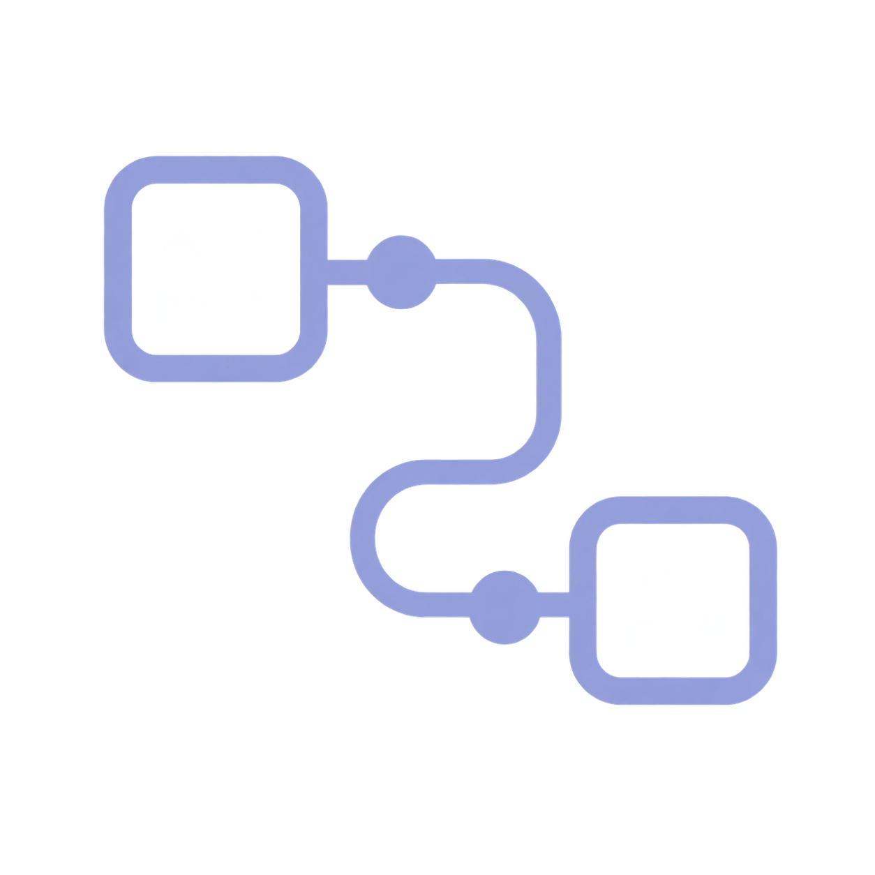 Two connected square nodes with rounded corners linked by a curved line with circular junctions.