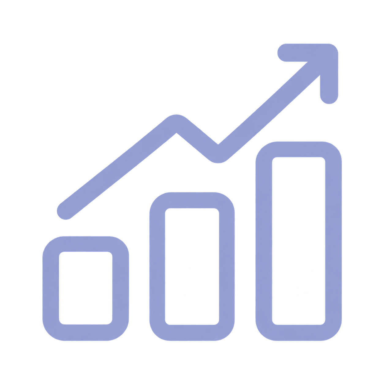 Icon showing three ascending bars with an upward trending arrow above them representing growth.